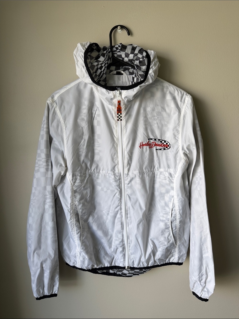 Harley Davidson White Hooded Jacket with Black Checker Mesh Lining Womens Small